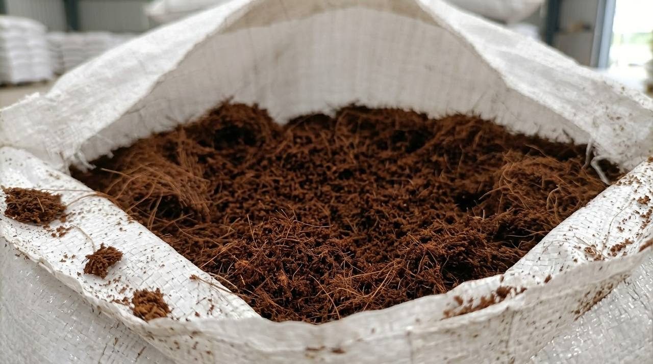 Cocopeat Sack, open and filled with loose cocopeat